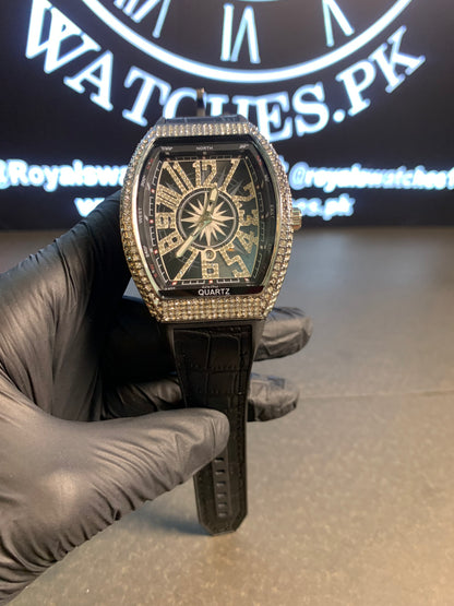 Franck Muller Black Leather Quartz Stones