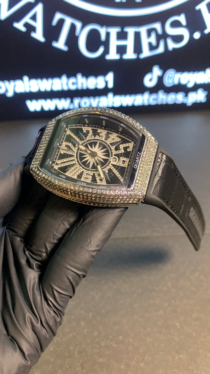 Franck Muller Black Leather Quartz Stones