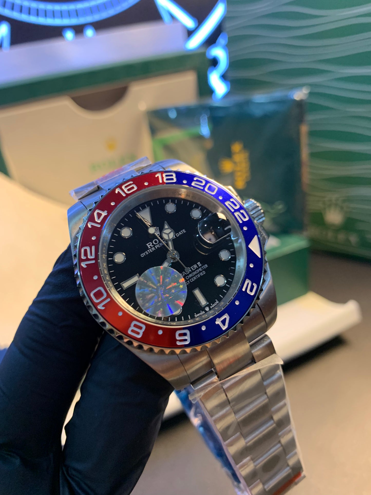RLX GMT Master II Blue-Red Bezel Silver Chain Automatic 40mm