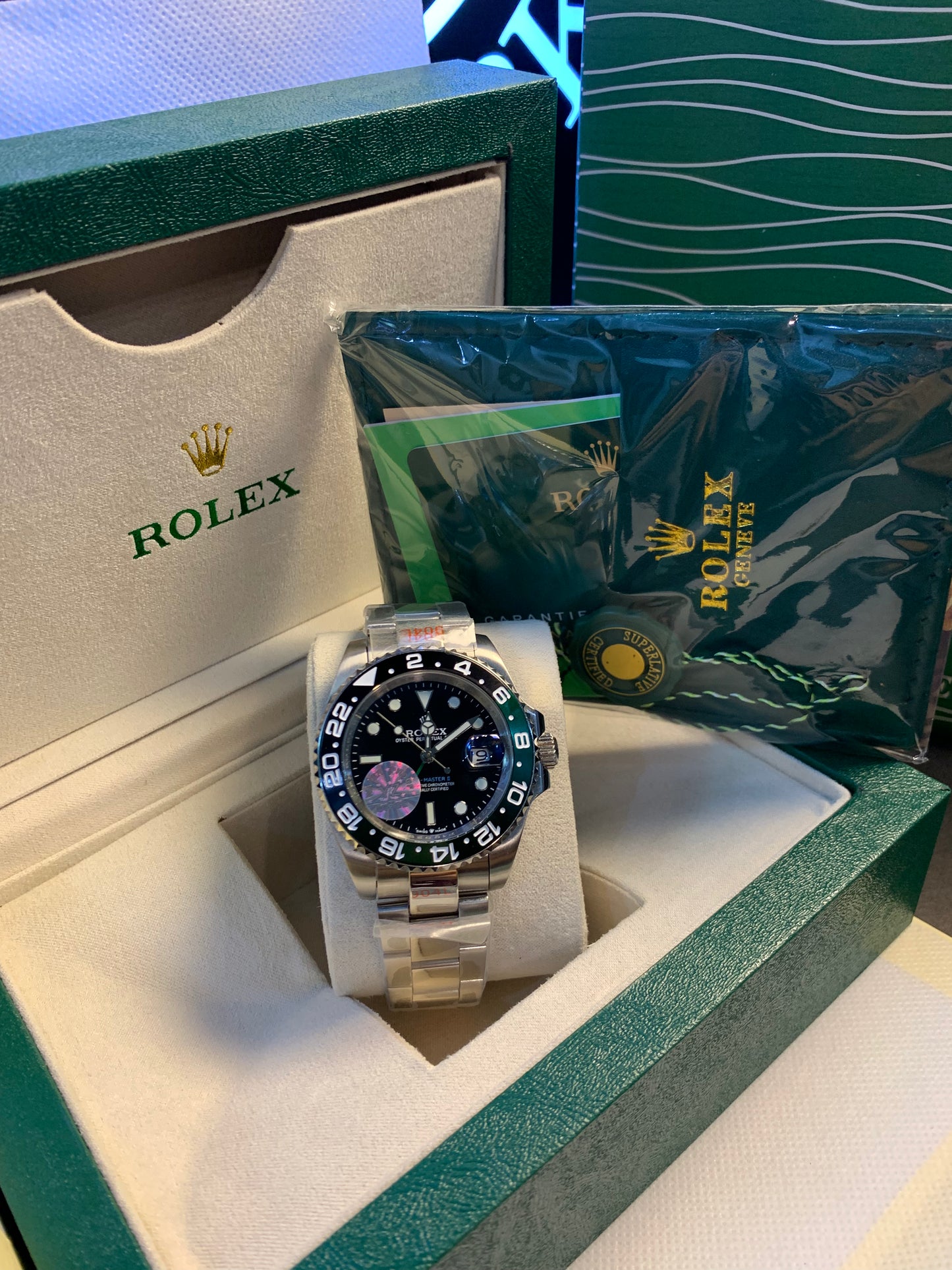 RLX GMT Master II Green-Black Bezel Silver Chain Automatic 40mm