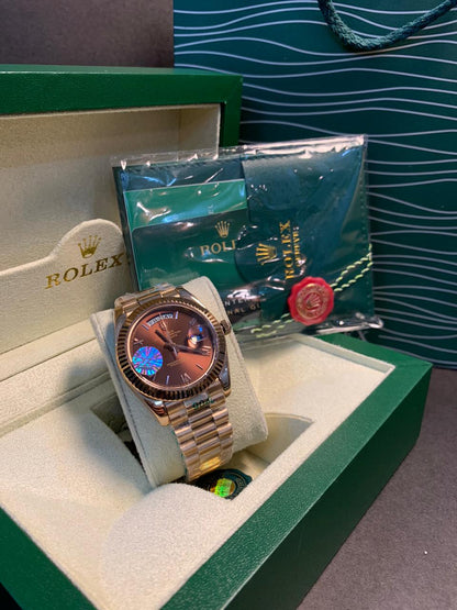 Rolex Day-Date 40mm – Rose Gold Presidential Bracelet, Brown Roman Dial