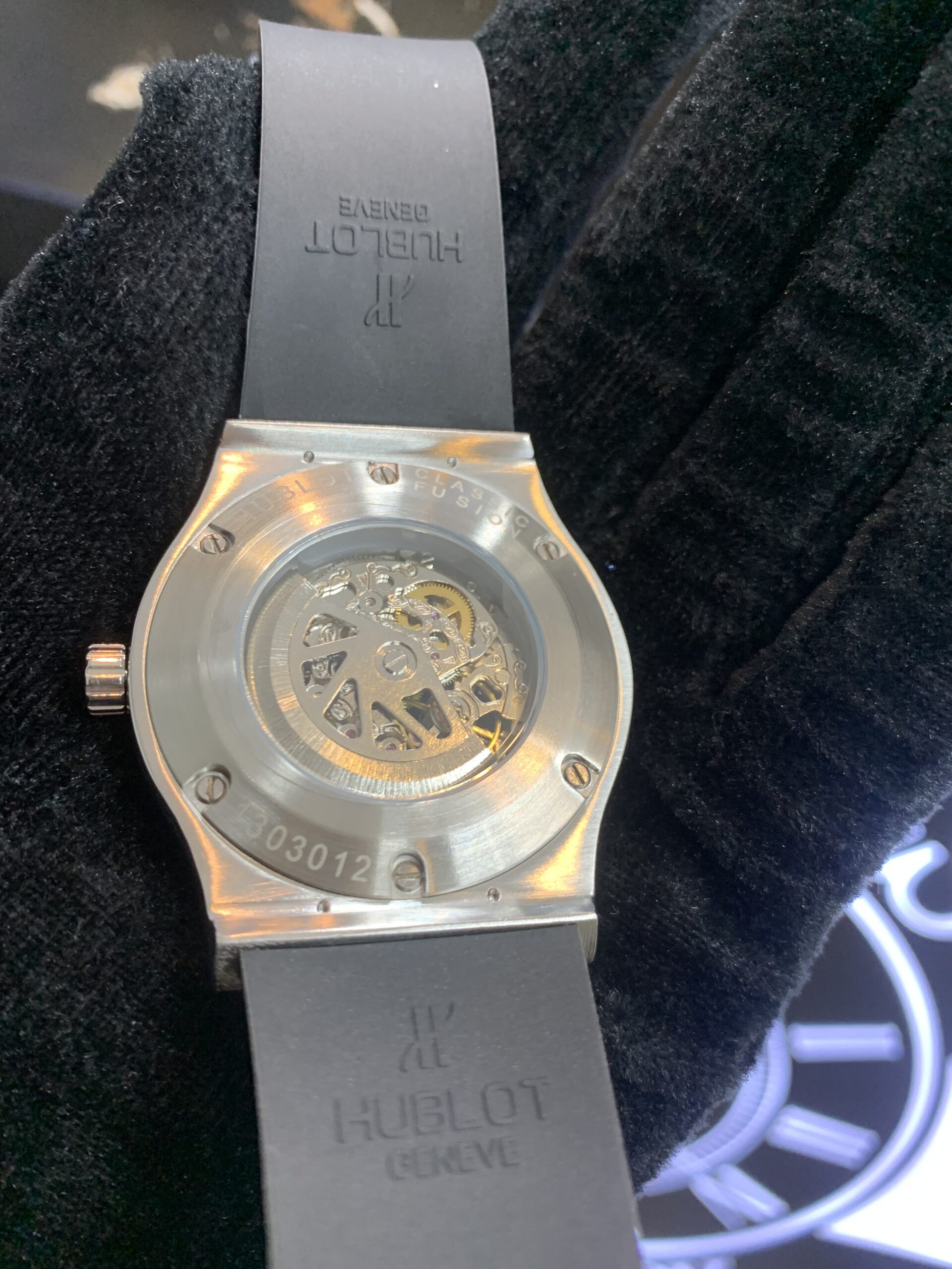 HUBLOT SKELETON AUTOMATIC SILVER CASE BLACK DIAL BLACK PVC STRAP